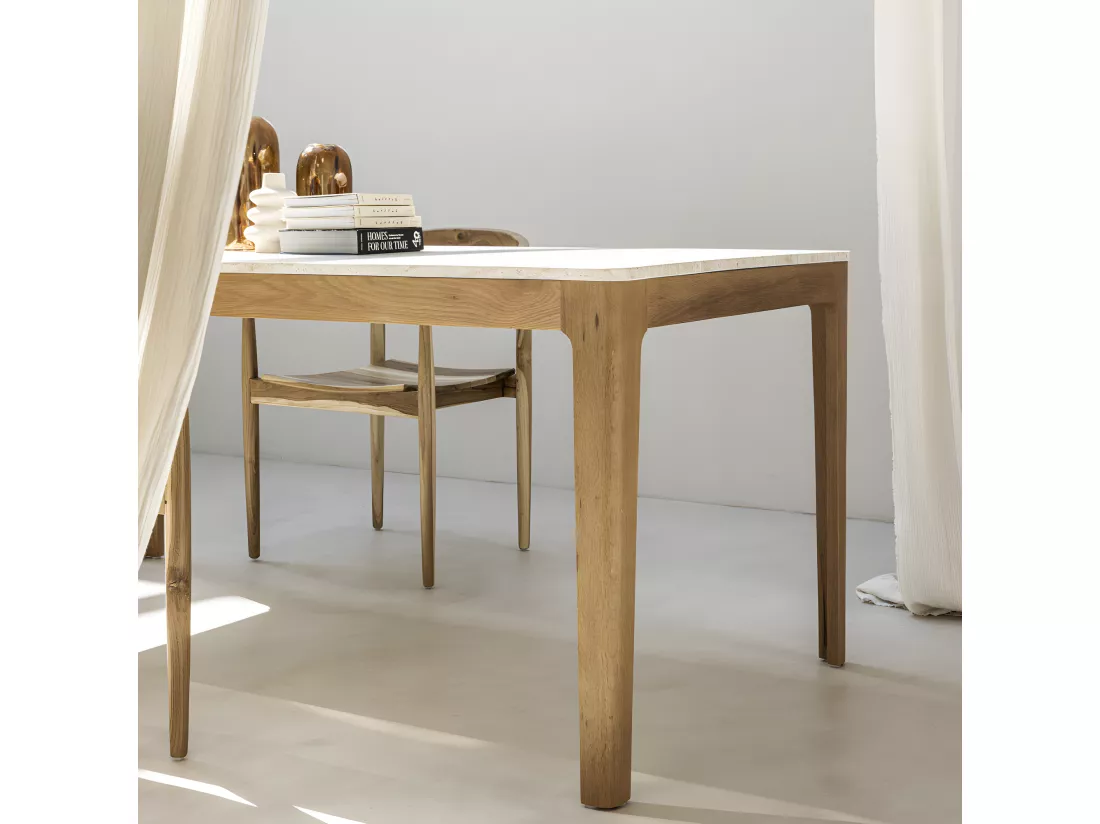 Kielce - Table à manger 6 personnes effet travertin et bois - Beige