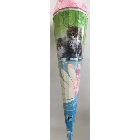 Nestler Schultüte Katzenbaby mit 3 farbiger Borde und Spezialtüll mit Schmetterlinge, 85 cm, eckig