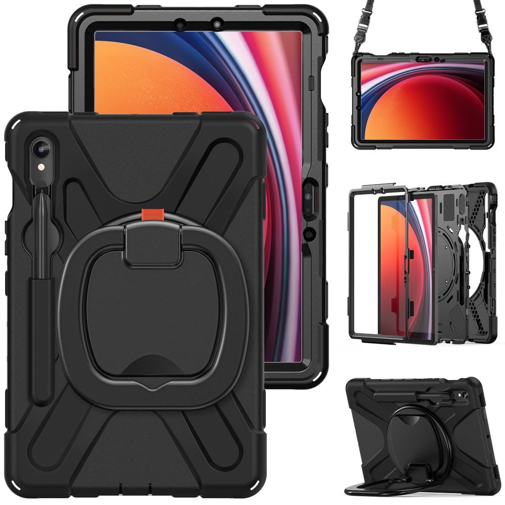 Samsung Galaxy Tab S10 Lite / S10 FE / Tab S9 FE / Tab S9 / Tab S8 / Tab S7 Hybrid Outdoor Silikon Case Hülle mit Aufsteller und Schultergurt - Schwarz