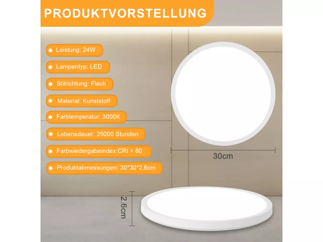 NETTLIFE Plafonnier Plafonnier LED plat - Ø30cm lampe de salle de bain lampe de cuisine dimmable ronde blanc 24W