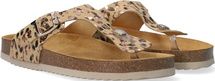 Develab 48202 leren teenslippers met panterprint beige goud