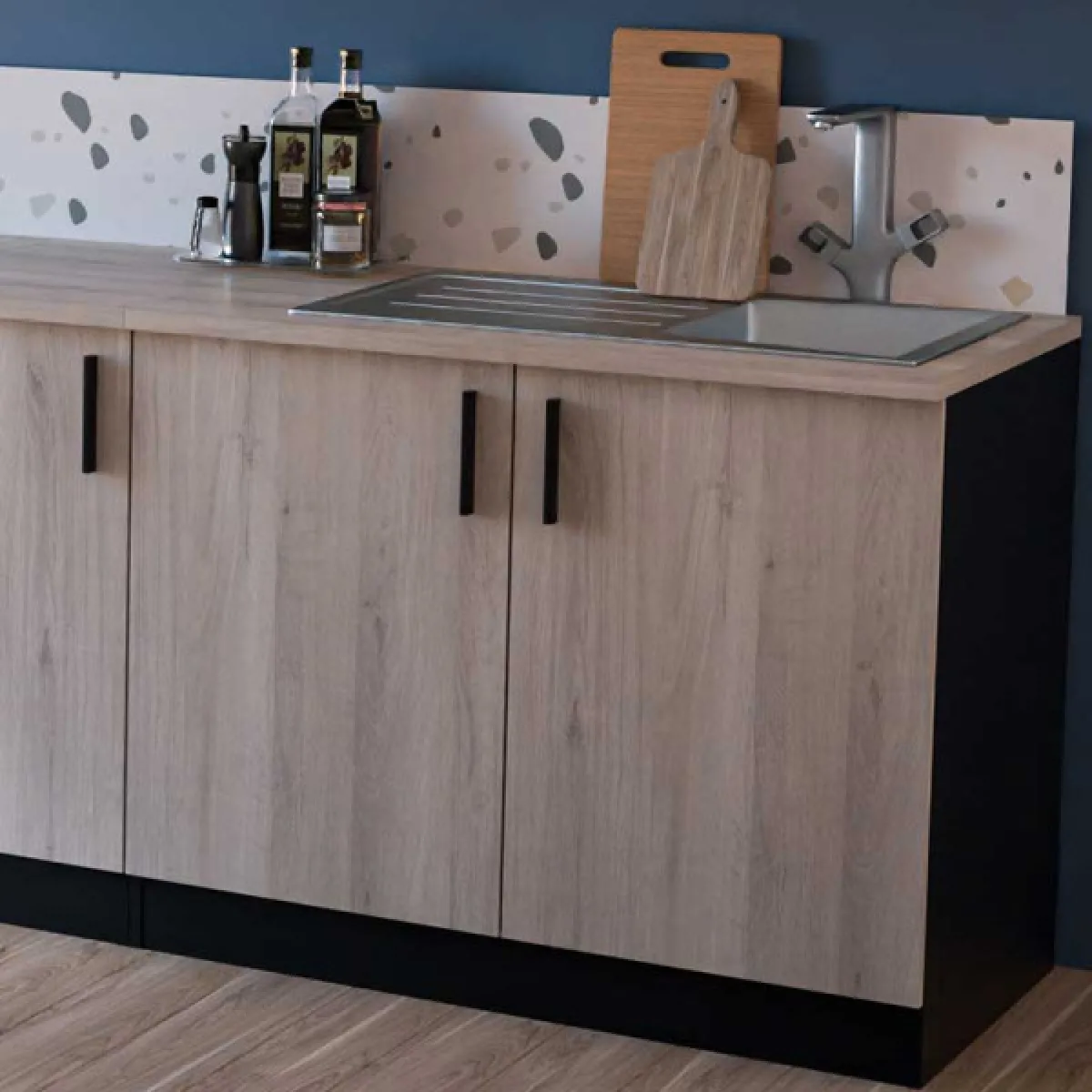 Dansmamaison ABINCI Meuble bas cuisine 2 portes noir/chêne