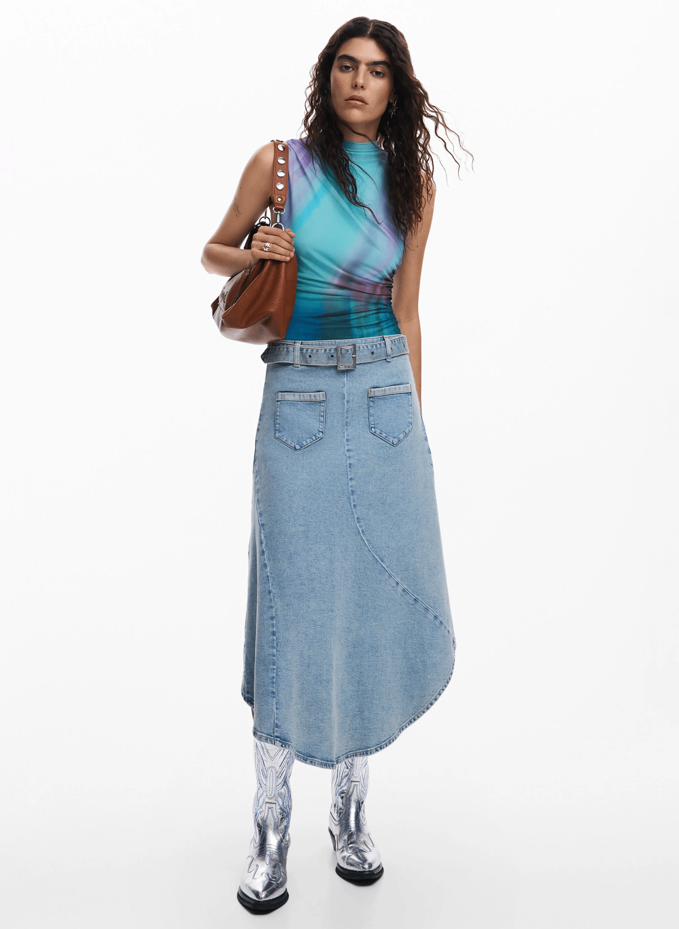 Jupe midi en denim de coton | Bleu