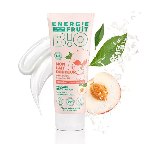 Loção Corporal Energie Fruit para Pele Delicada, Leite Suavizante com Pêssego Branco e Água de Arroz Orgânica, 200ml