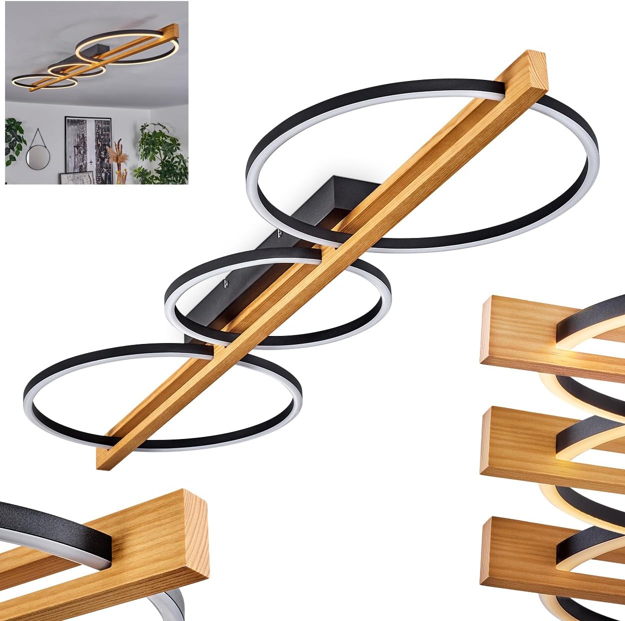 LED Deckenleuchte Carcano, dimmbare Deckenlampe aus Metall/Holz/Kunststoff in Schwarz/Natur/Weiß, (Ø 26,5 cm, 36,5 cm), 3-flammig, 38 Watt, 1600 Lumen, 3000 Kelvin, dimmbar über Lichtschalter