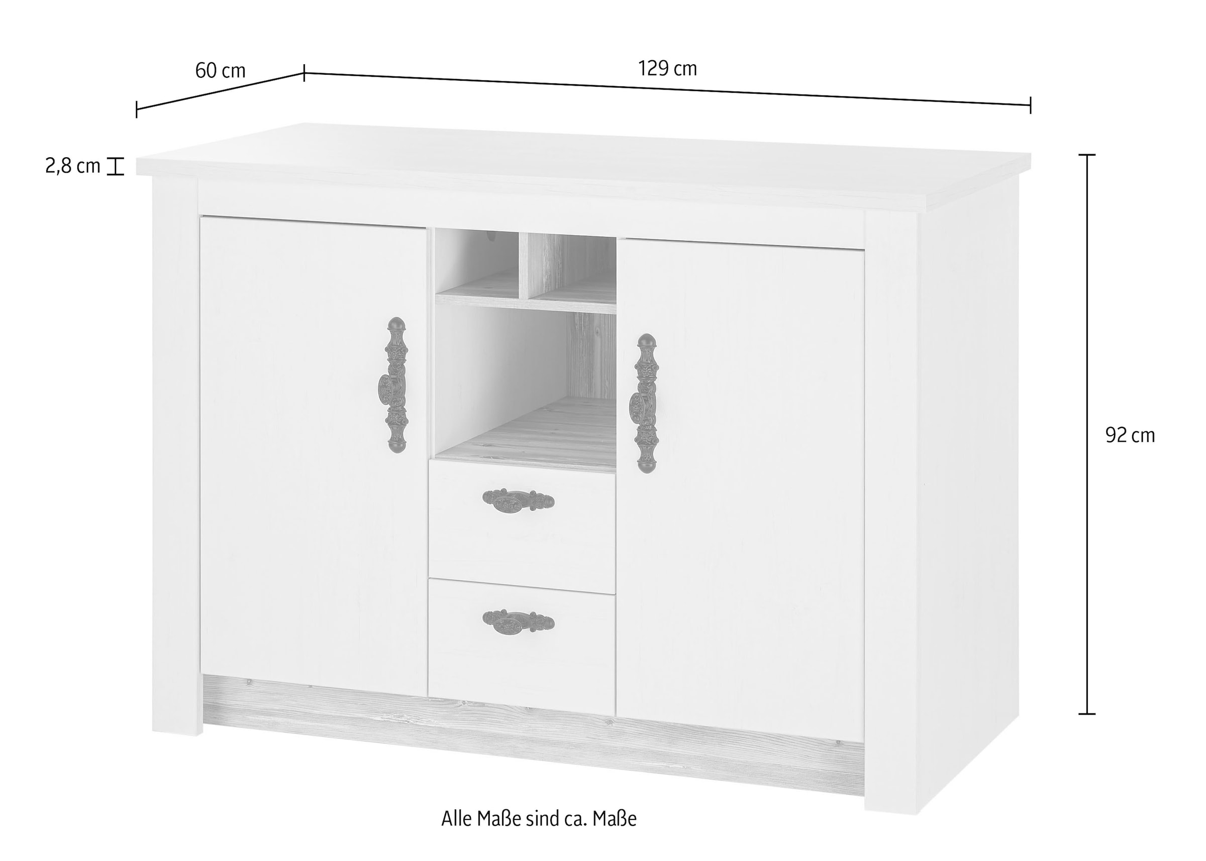 Home affaire Spülenschrank »Florenz, Küchenunterschrank in Pinie Weiss, Unterschrank« mit verschnörkeltem Metallgriff, im Landhausstil, Arbeitshöhe 92 cm