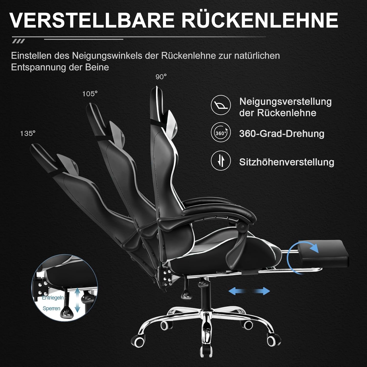 GTPLAYER Gaming Stuhl Bürostuhl Massage Gaming Sessel Ergonomischer Gamer Stuhl mit Fußstütze, Kopfstütze Massage-Lendenkissen, Gepolstert Gaming Chair, Drehsessel, weiß