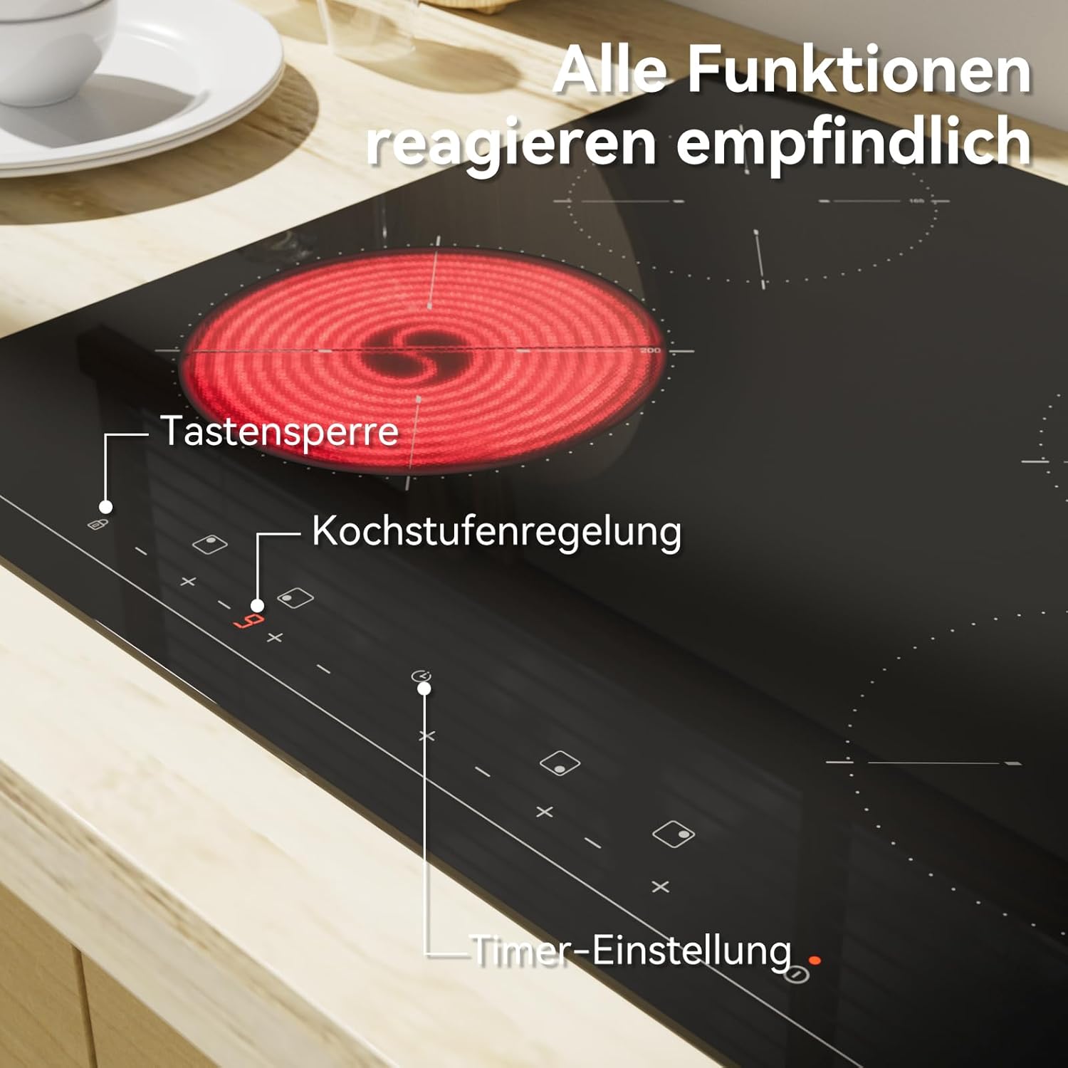 Hermitlux Glaskeramikkochfeld 4 Platten, 59cm, 6600W, 9 Heizstufen, Kein Stecker