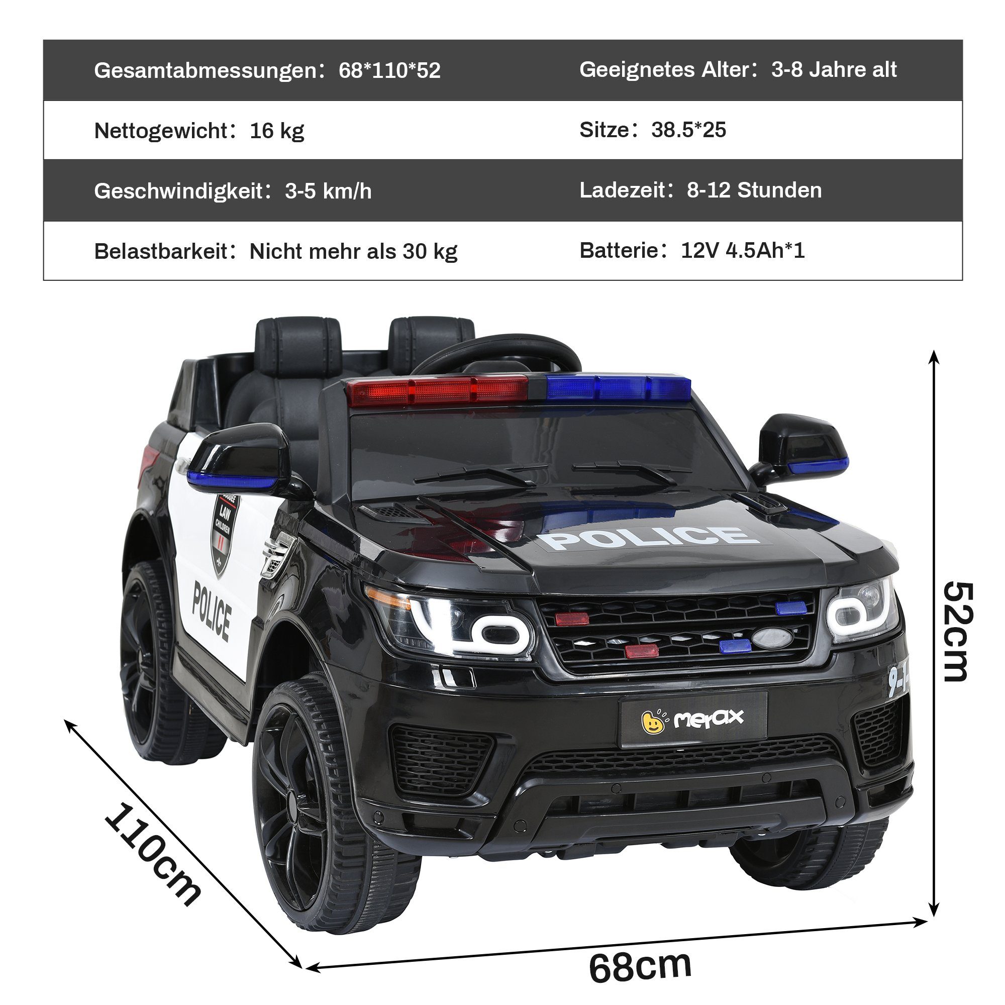Carrinho elétrico infantil Merax com USB, AUX e Bluetooth, incluindo controle remoto, capacidade de carga de 30 kg, carro de polícia elétrico, carrinho infantil.