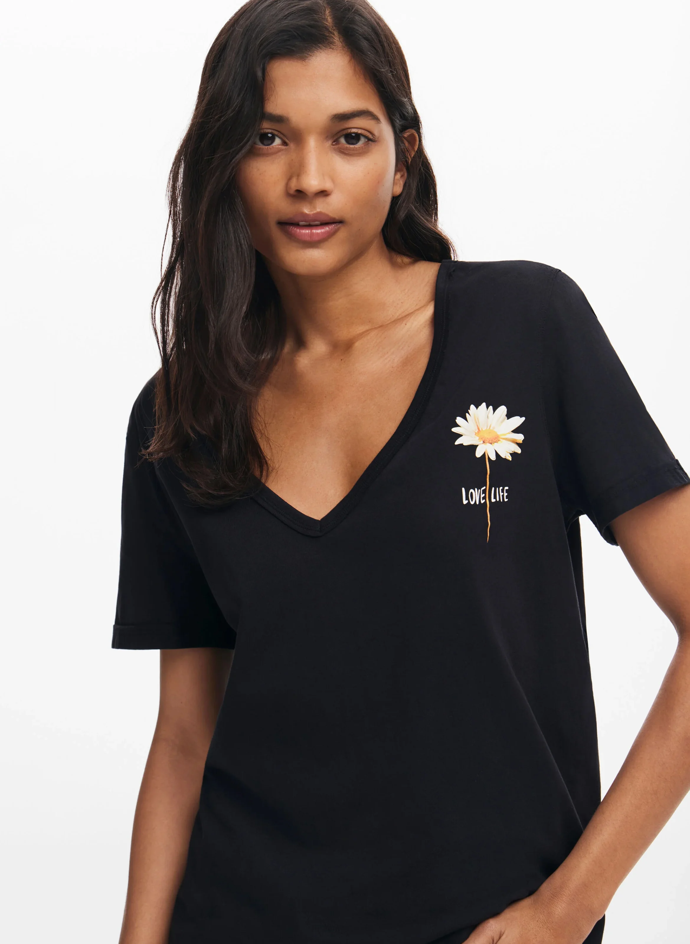 Tee-shirt droit col V en coton sérigraphié | Noir