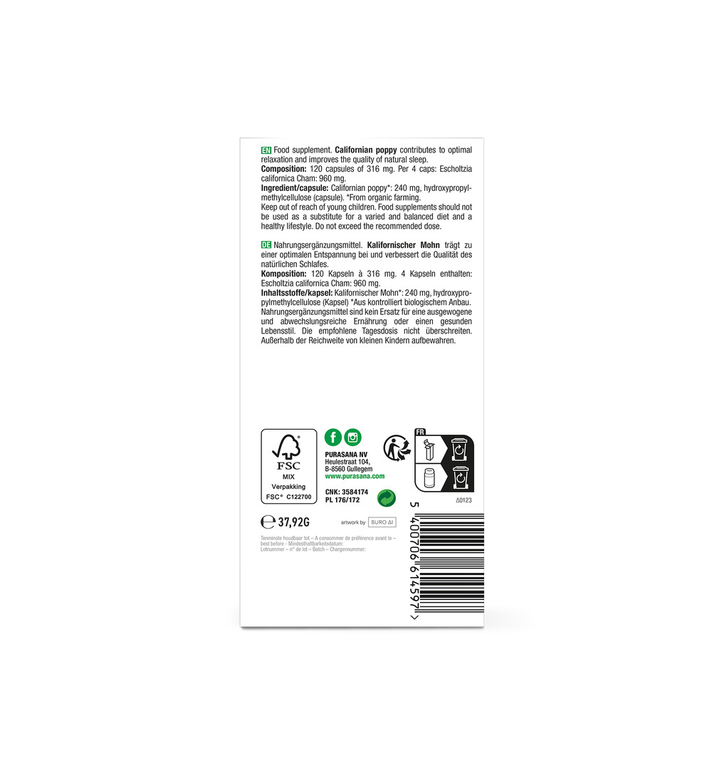 Purasana Slaapmutsje/Pavot De Californie Vegan Bio (120 vega capsules)