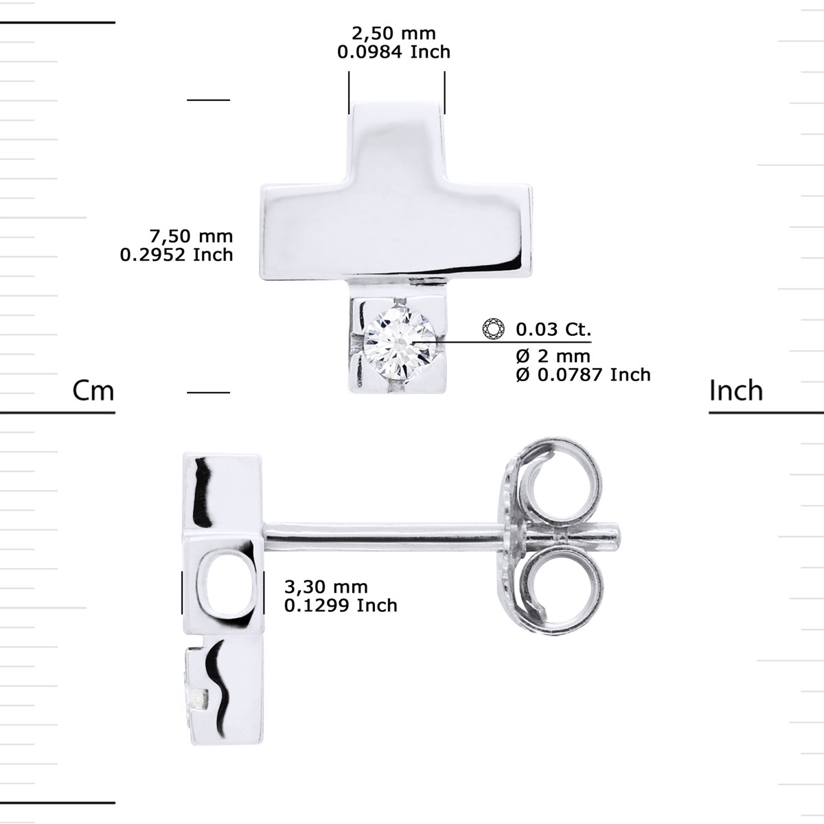 Clous d'Oreilles Diamant 0,060 Cts CROIX Joaillerie Argent 925