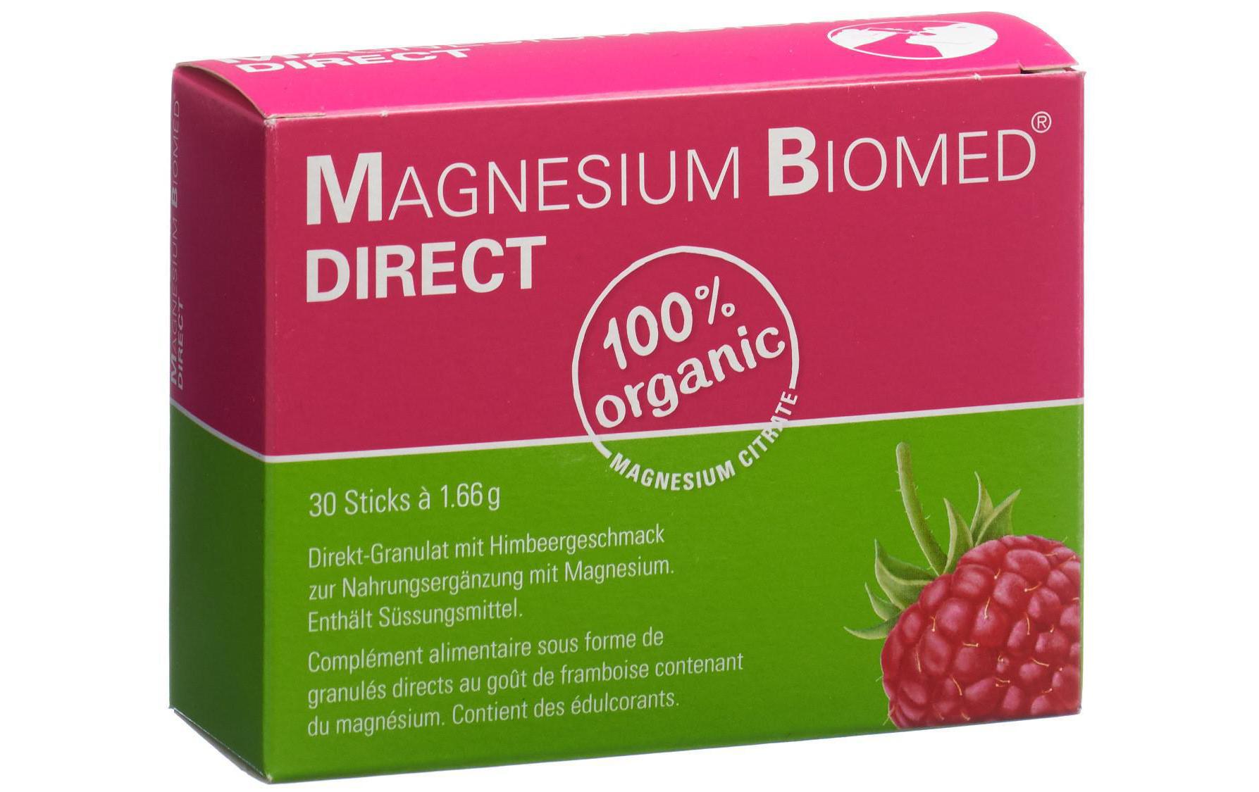 Magnesium Direct 30 SticksVeganes Nahrungsergänzungsmittel mit Himbeergeschmack