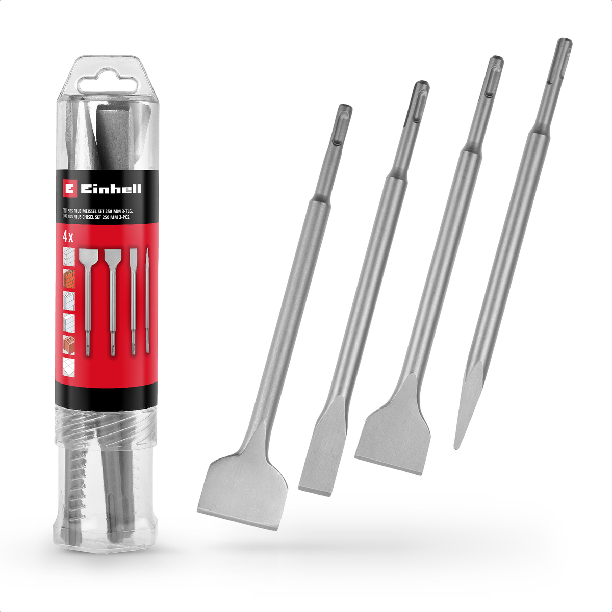 Originele Einhell SDS Plus beitelset 4-delig, 250 mm (met puntbeitel, platte beitel 20 mm, spadebeitel 40 mm, tegelbeitel 50 mm van duurzaam 40Cr-staal voor sloop- en renovatiewerkzaamheden)