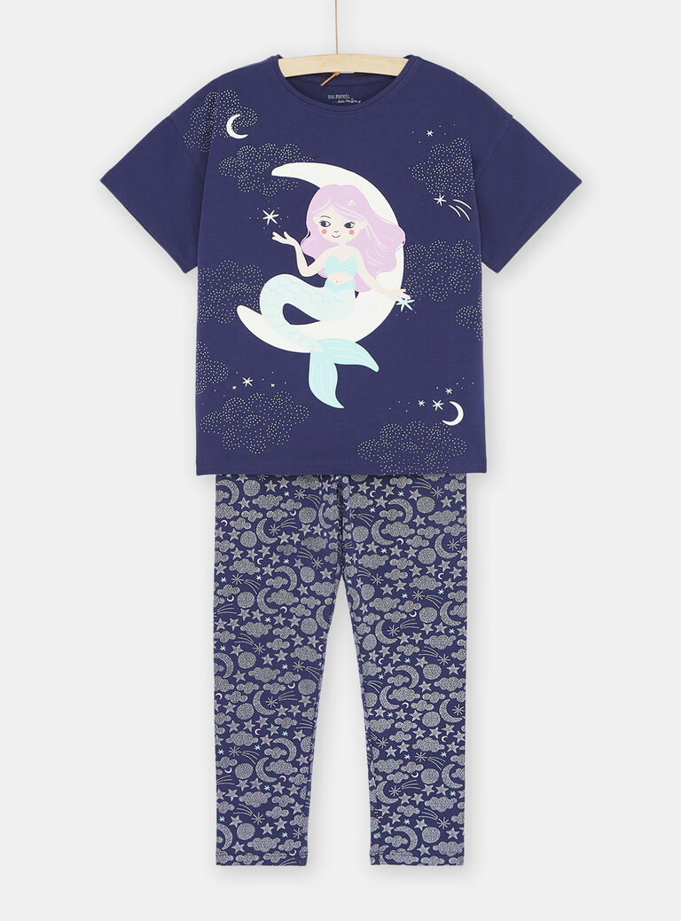 Pyjama bleu phosphorescent à motif sirène sur la Lune fille