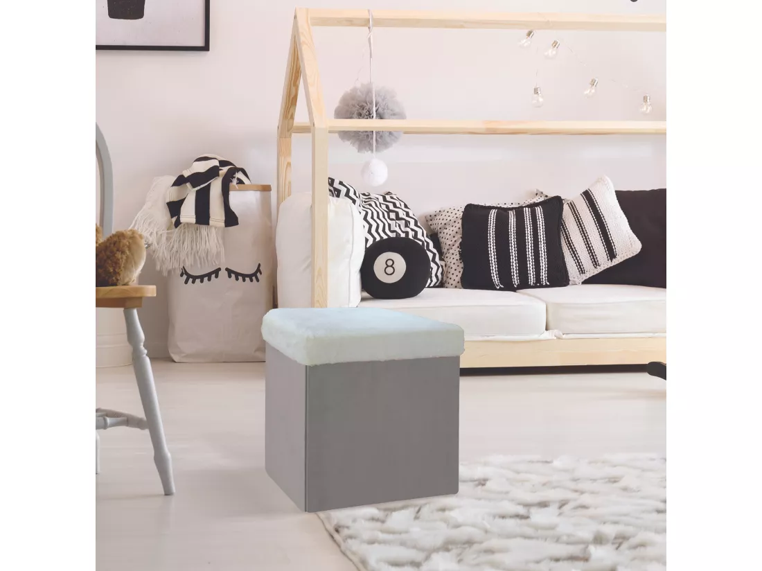 Coffre Pouf Pliable Gris Imitation Fourrure Leo
