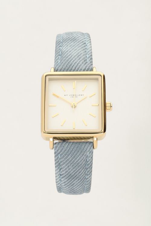 Vierkant horloge met denim band