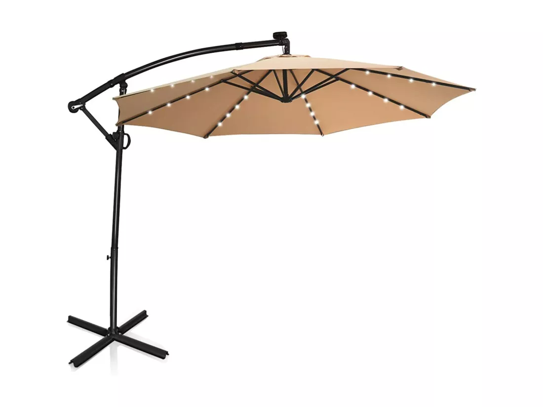 Parasol Déporté Exterieur Lumières LED Solaires 3M, Parasol de Marché à 8 Côtes en Aluminium, Réglages d'Inclinaison Rotation, Manivelle, Base Croisée, pour Jardin Terrasse Beige