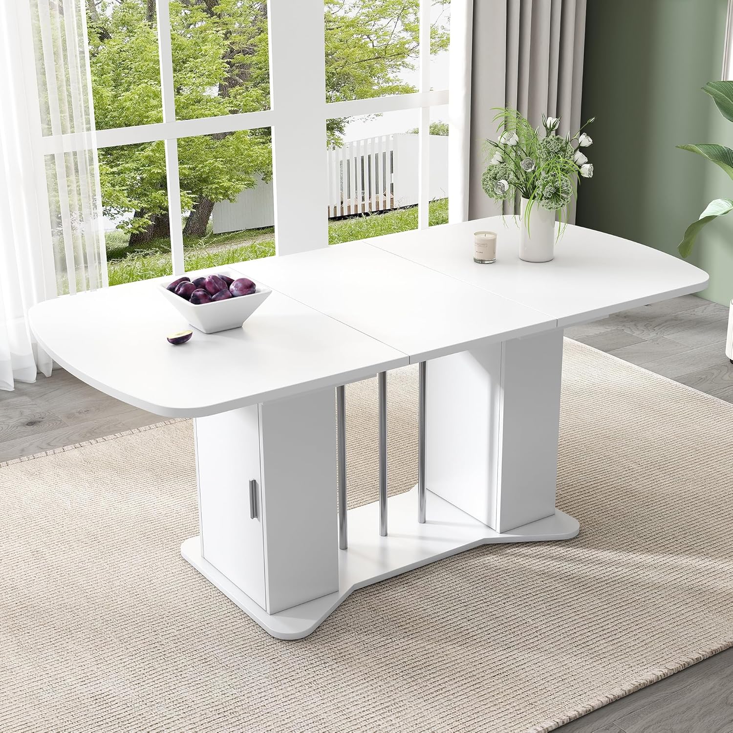 Esstisch Küchentisch für 4-6 Personen, Esstisch Ausziehbar 120-160 x 80 cm, Esszimmertisch Rechteckige mit Stauraum und Türen, Tisch mit Tischplatte und Metallgestell für Esszimmer, Weiß