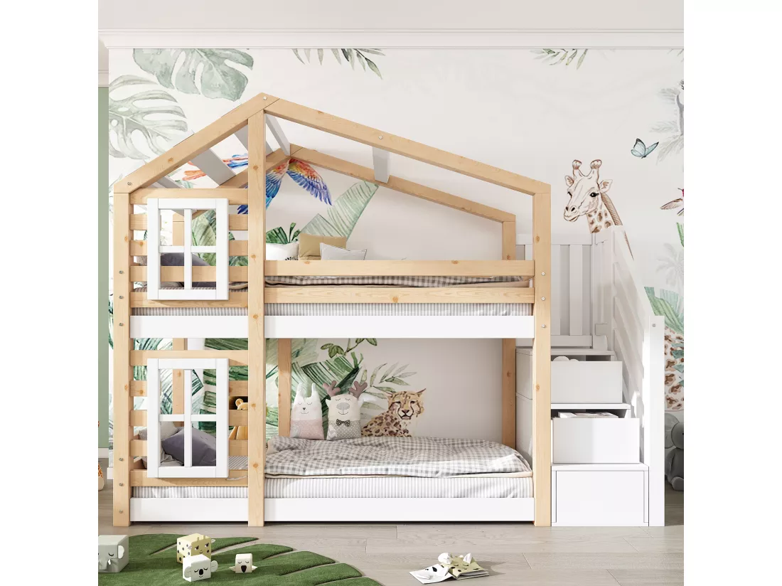 Lit superposé 90x200cm en bois massif - avec barrières anti-chutes et escalier de rangement - Naturel & Blanc