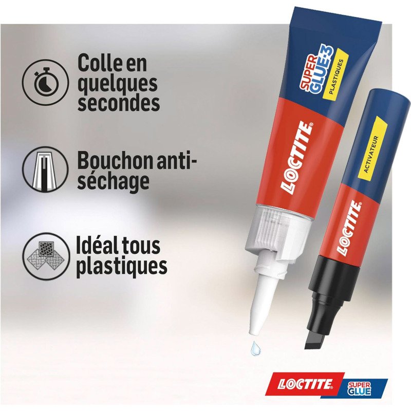 Colle pour plastiques Super glue3  Loctite - Tube de 2 g + 4 ml