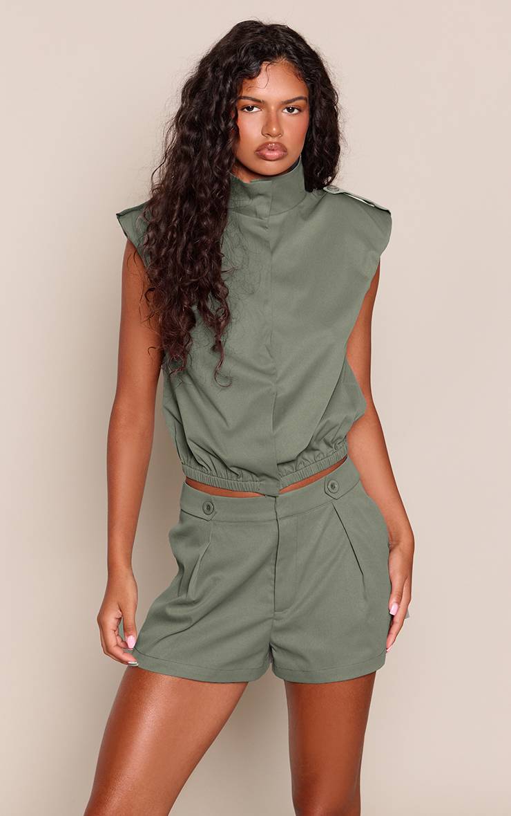 Kaki Short Taille Haute Avec Ceinture Utilitaire