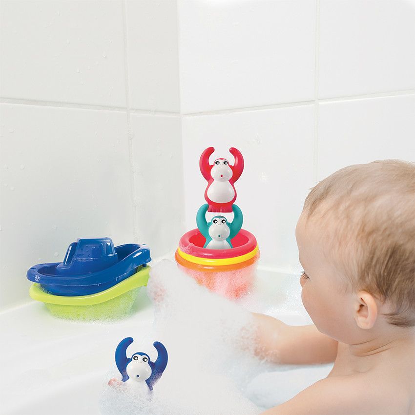 Coffret de Bain avec gobelets, bateaux et singes - Ecru