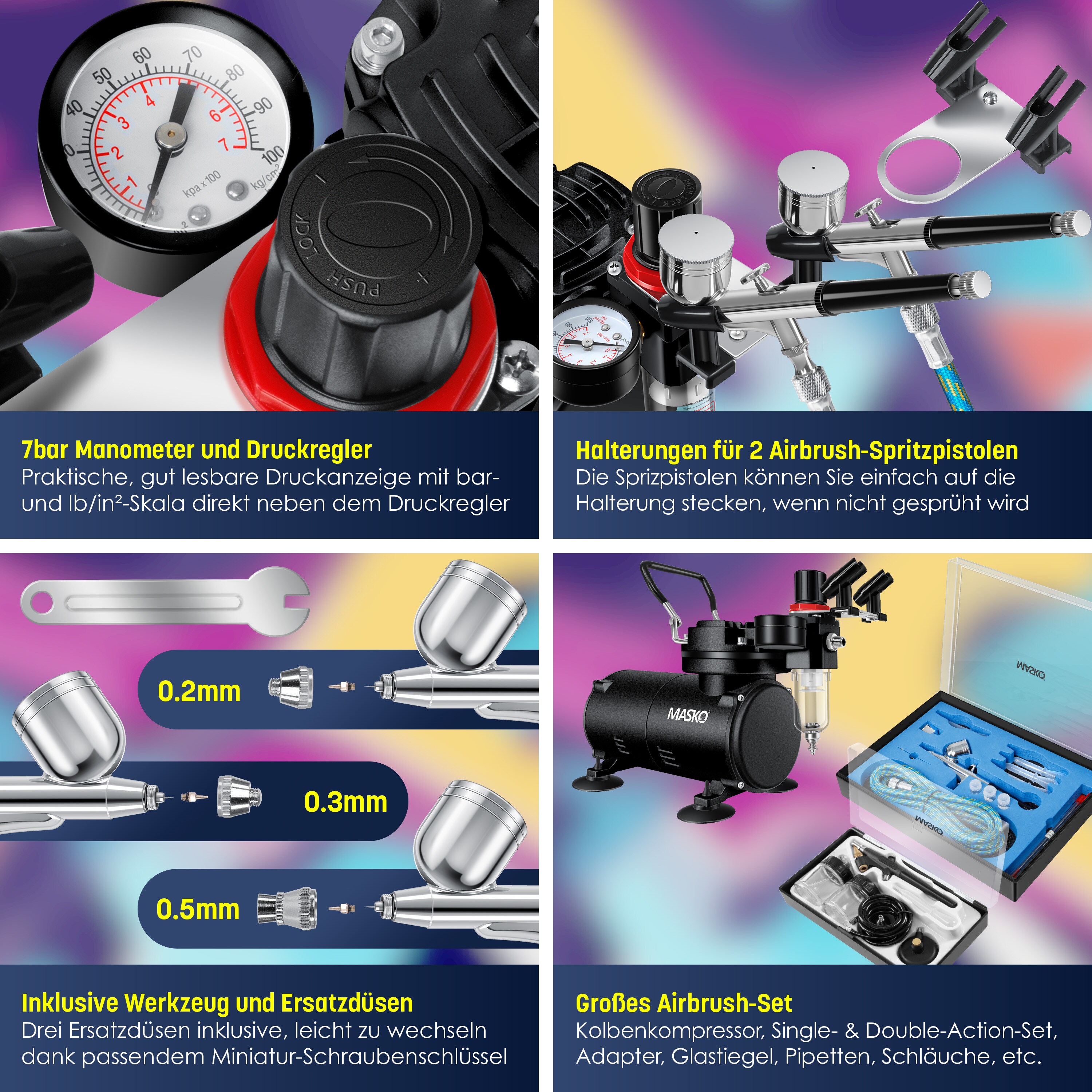 MASKO® Airbrush-Set mit Kompressor 4 bar inkl. Airbrush-Pistolen | Lackierpistole Komplett-Set Tattoo Kunst Malerei | Nadeln & Düsen im Zubehör | Multifunktions Dual-Set mit Manomter & Luftfilter
