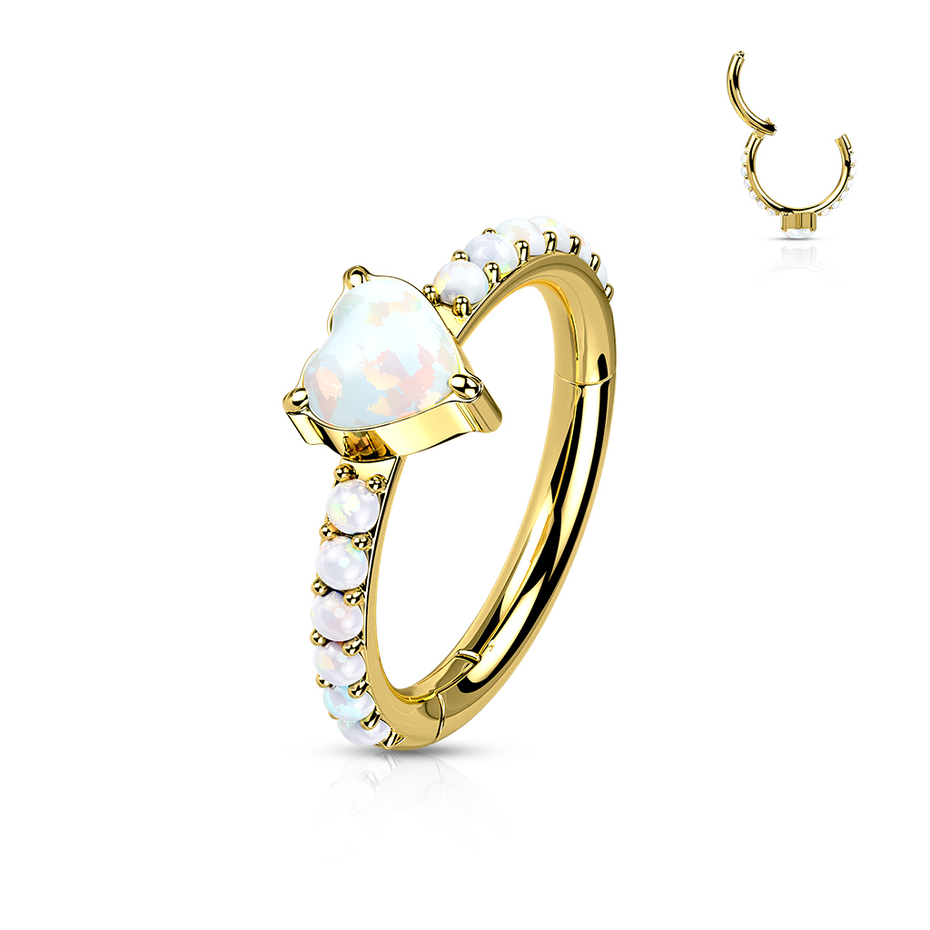 (10mm / 1.2mm) Tragus / Helix G23 Titan Ohr Piercing Klickverschluss Opal Ring mit Herz - Gold / Weiss