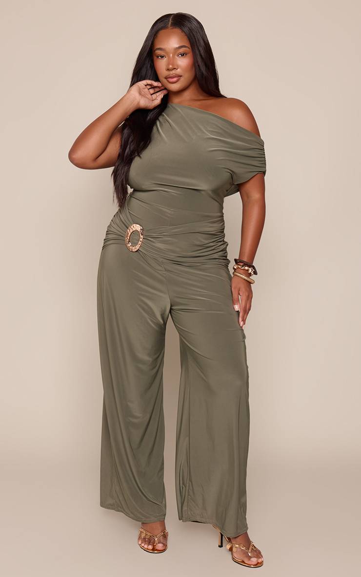 Vert Olive Combinaison Grande Taille À Col Asymétrique Et Jambes Larges En Jersey Fluide