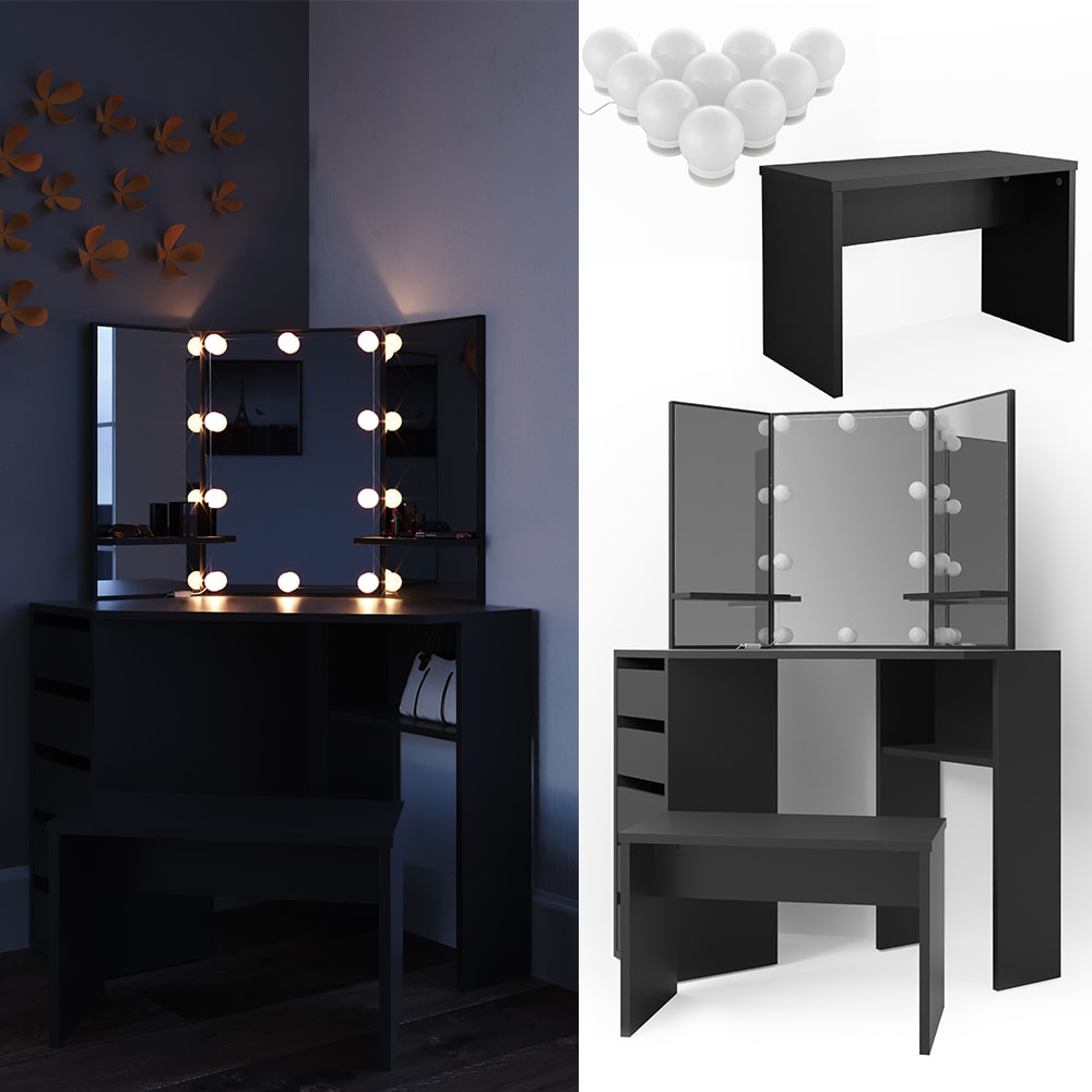 Vicco Eckschminktisch Arielle Frisiertisch Kommode Frisierkommode Spiegel Schwarz inklusive Bank und LED-Lichterkette
