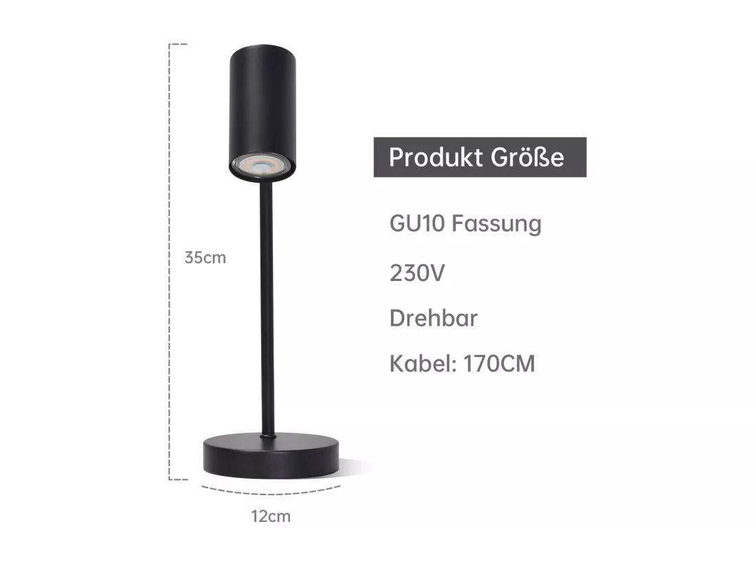 NETTLIFE lampe de chevet lampe de table noire salon pivotante 350° GU10 métal bureau