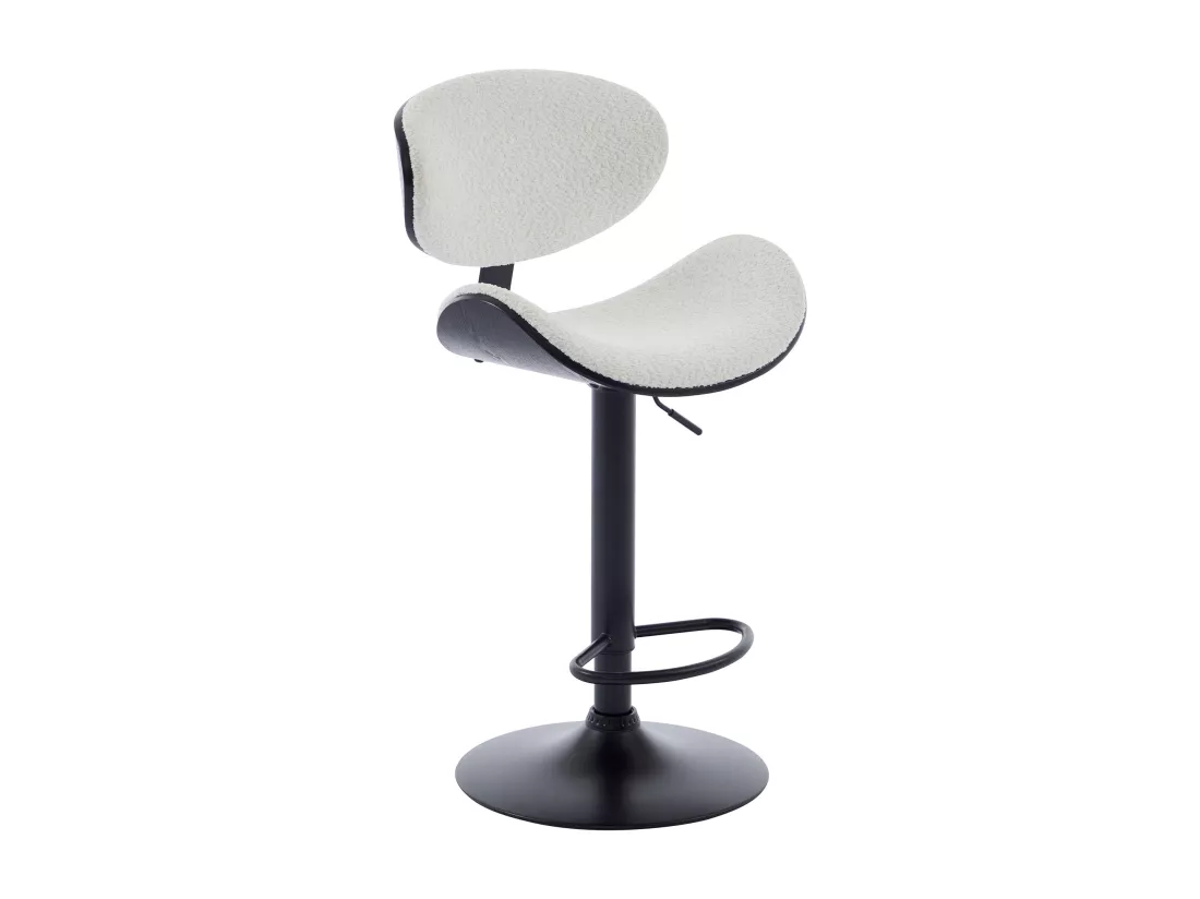Lot de 2 tabourets de bar en tissu bouclette, placage frêne et métal - Hauteur réglable - Blanc et Noir - MONTENEGRO