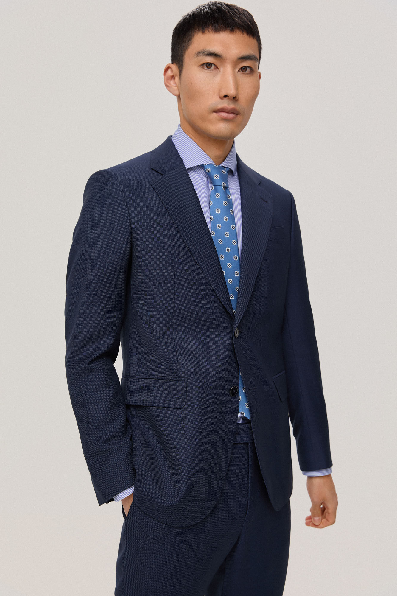 Terno estilo americano com estampa de olho de perdiz, modelagem slim fit - Azul