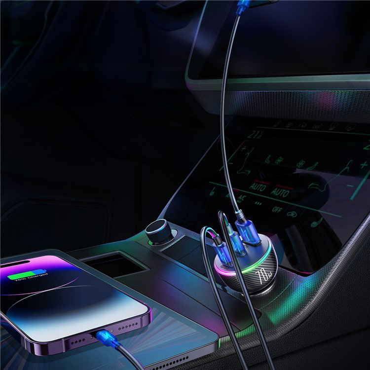 (70W) USB A / 2x USB C Auto KFZ Ladegerät PD 3.0 / QC 3.0 mit LED Beleuchtung - Schwarz