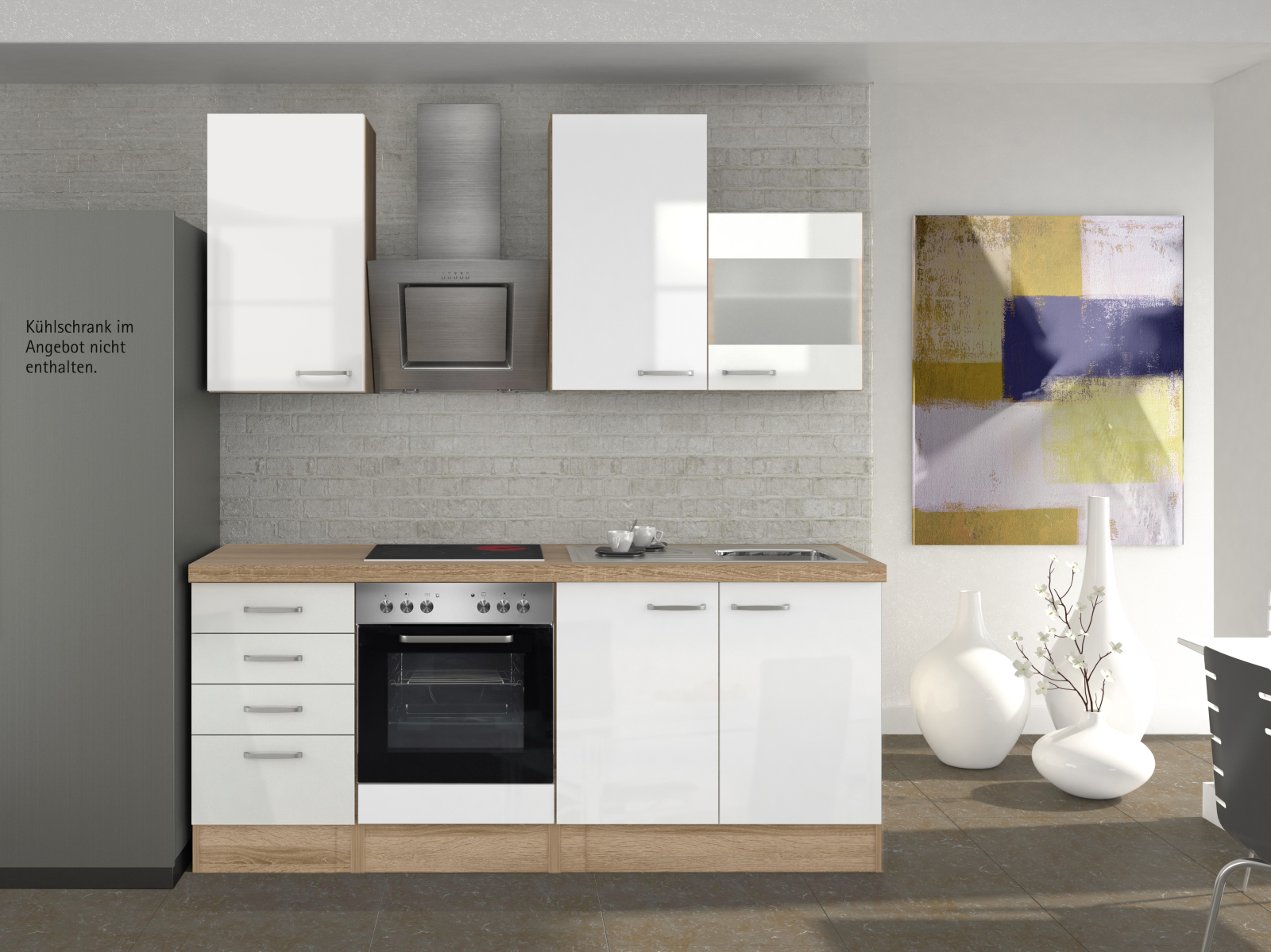 Küchenblock VALERO - weiß Hochglanz-Sonoma Eiche - mit E-Geräten - 210 cm