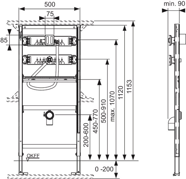 TECE Profil urinoir inbouwframe met drukspoelerbehuizing U1 112cm