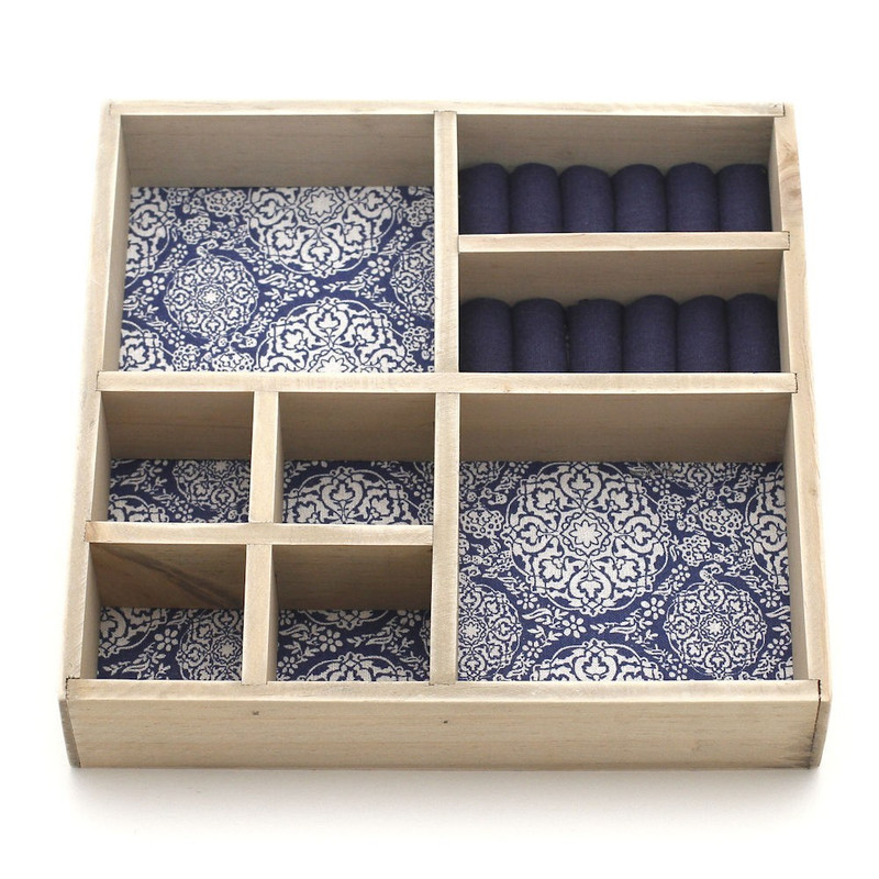 Plateau porte bijoux 8 compartiments en bois et tissu Bleu