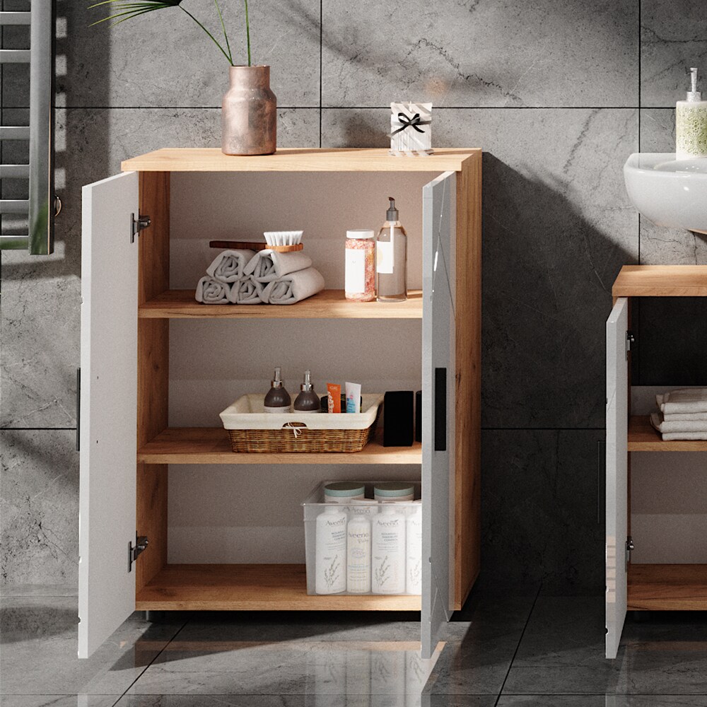 Vicco Badschrank Badezimmerkommode Badezimmermöbel Irma Eiche Weiß Hochglanz modern 60x81 cm Badezimmer Schrank Badmöbel 2 Türen 3 Fächer