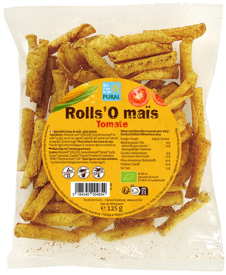 PURAL Mais Rolls Chips<br>125 g, Beutel, Tomate