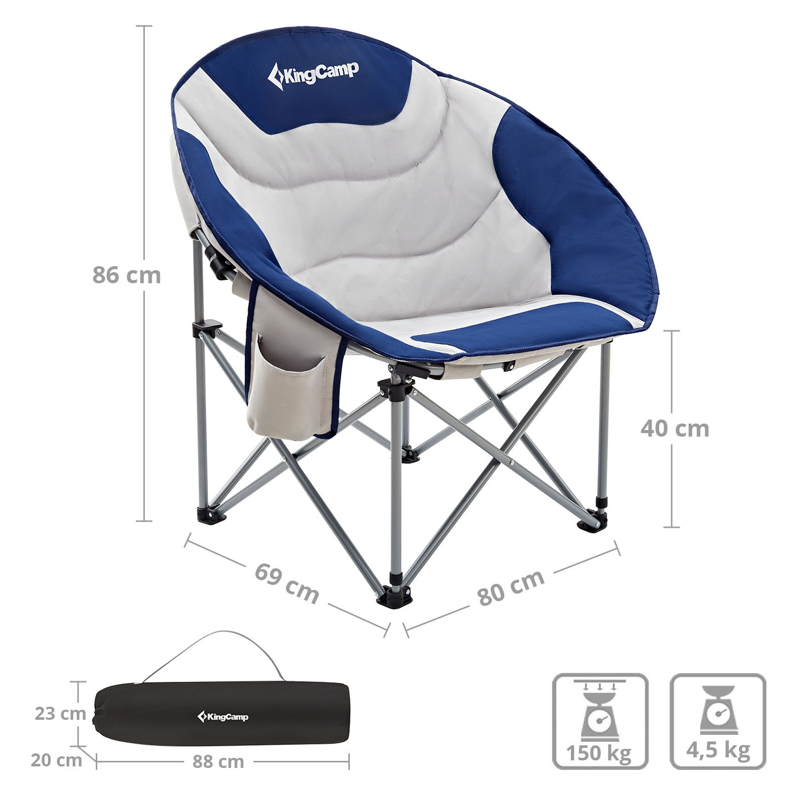 KINGCAMP MoonChair XL Camping Klapp Stuhl Garten Falt Sessel Kühltasche 150 kg Farbe: Royal Blue