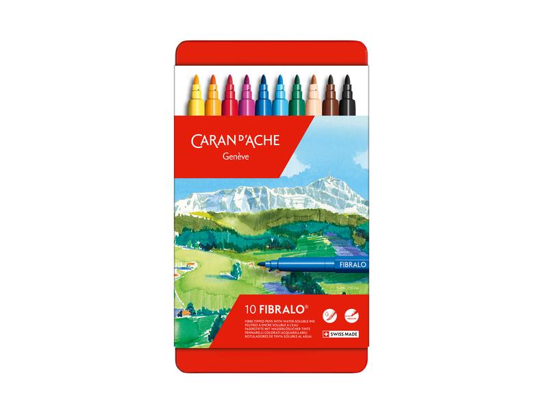 Caran d'Ache Filzstift Fibralo 10 Stück Wasservermalbare Fasermaler in robuster Metallschachtel