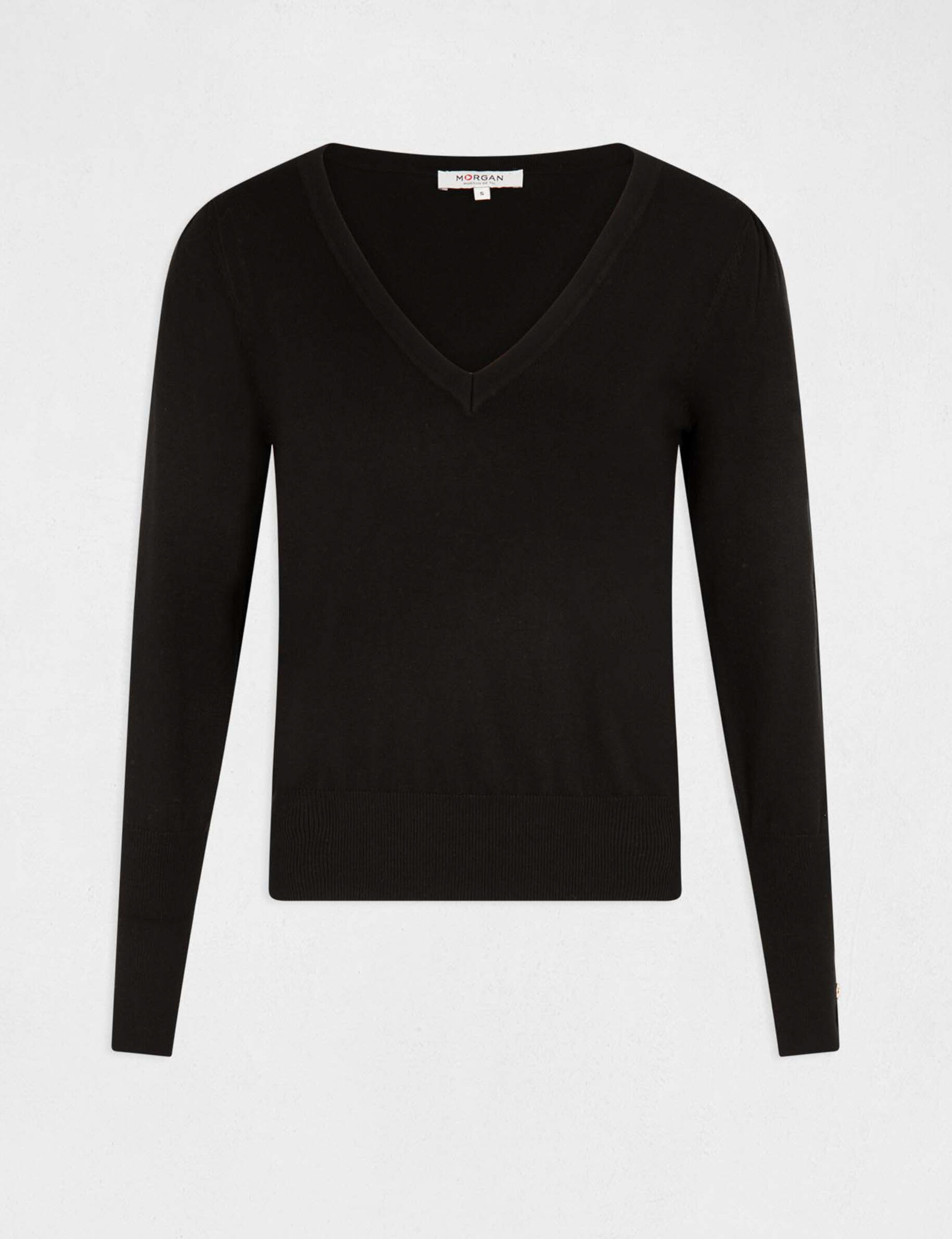 Pull manches longues avec col en V noir femme - noir