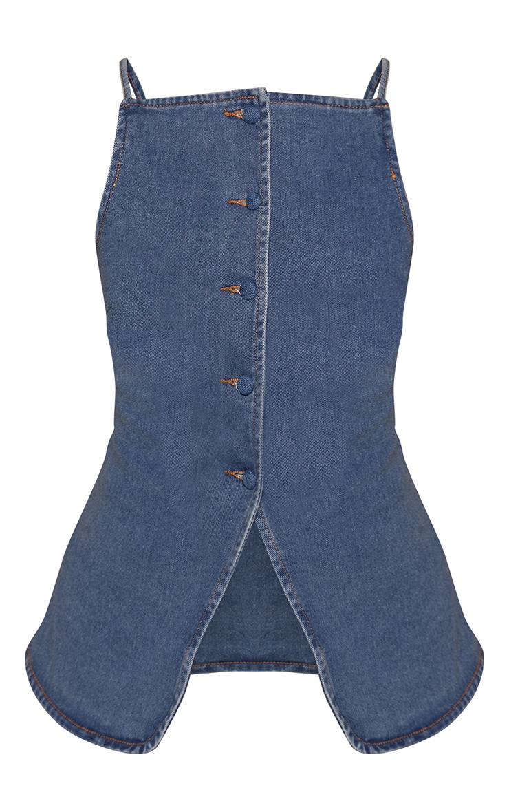 Mid Blue Wash Haut En Denim Ajusté À Encolure Carrée En Denim Stretch Bleu Moyen Petite