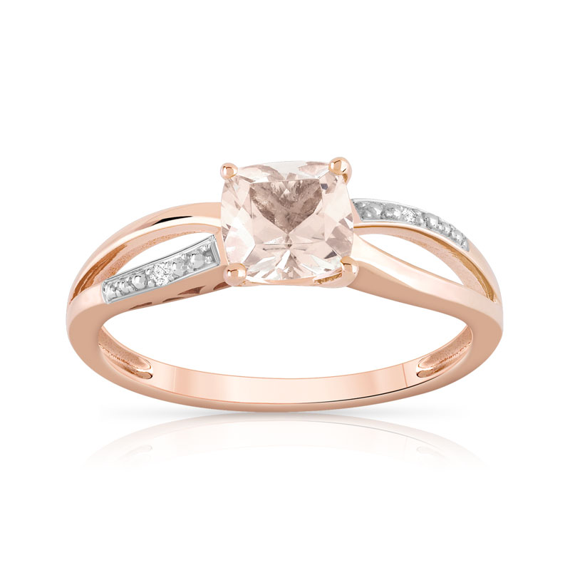 Bague or 375 rose morganite carrée et diamants