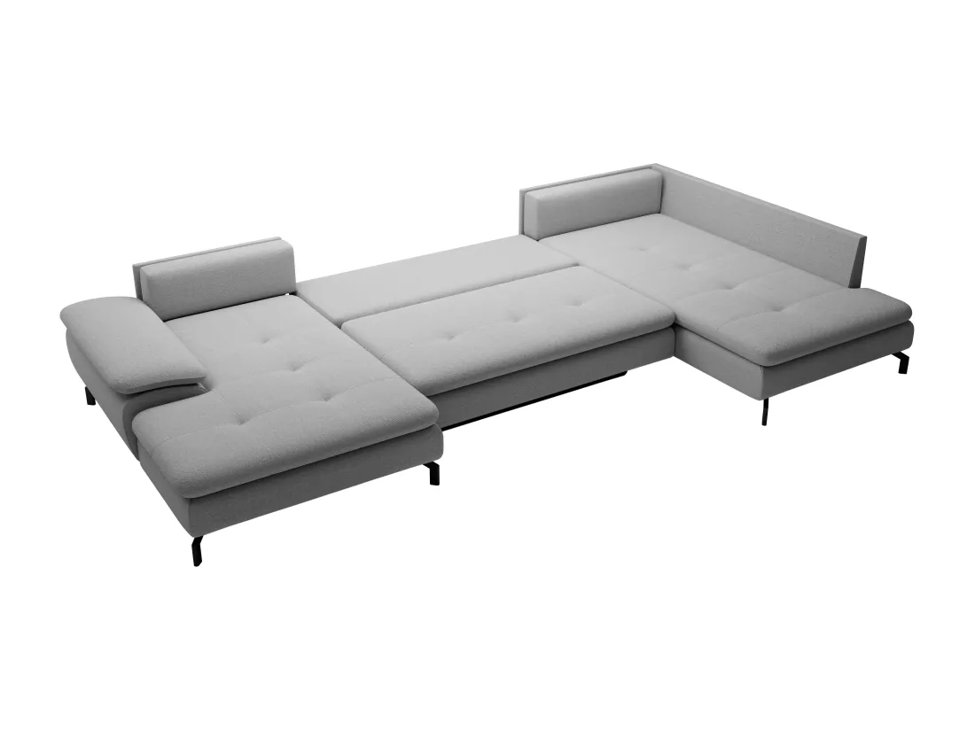 Grand canapé d'angle droit panoramique convertible en tissu texturé gris ARCHIBALD