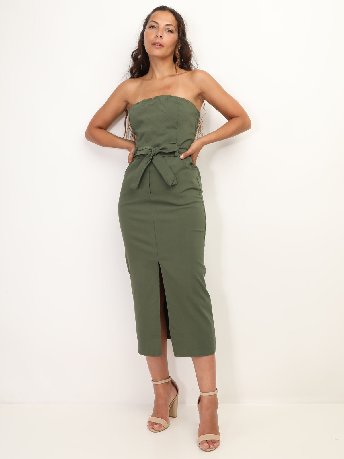 Robe bustier ceinturée à fente- Kaki