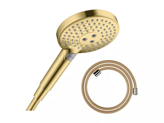 Pommeau de douche HANSGROHE Raindance Select S EcoSmart 120 3 jets aspect doré poli + flexible de douche HANSGROHE Designflex 160 cm doré poli