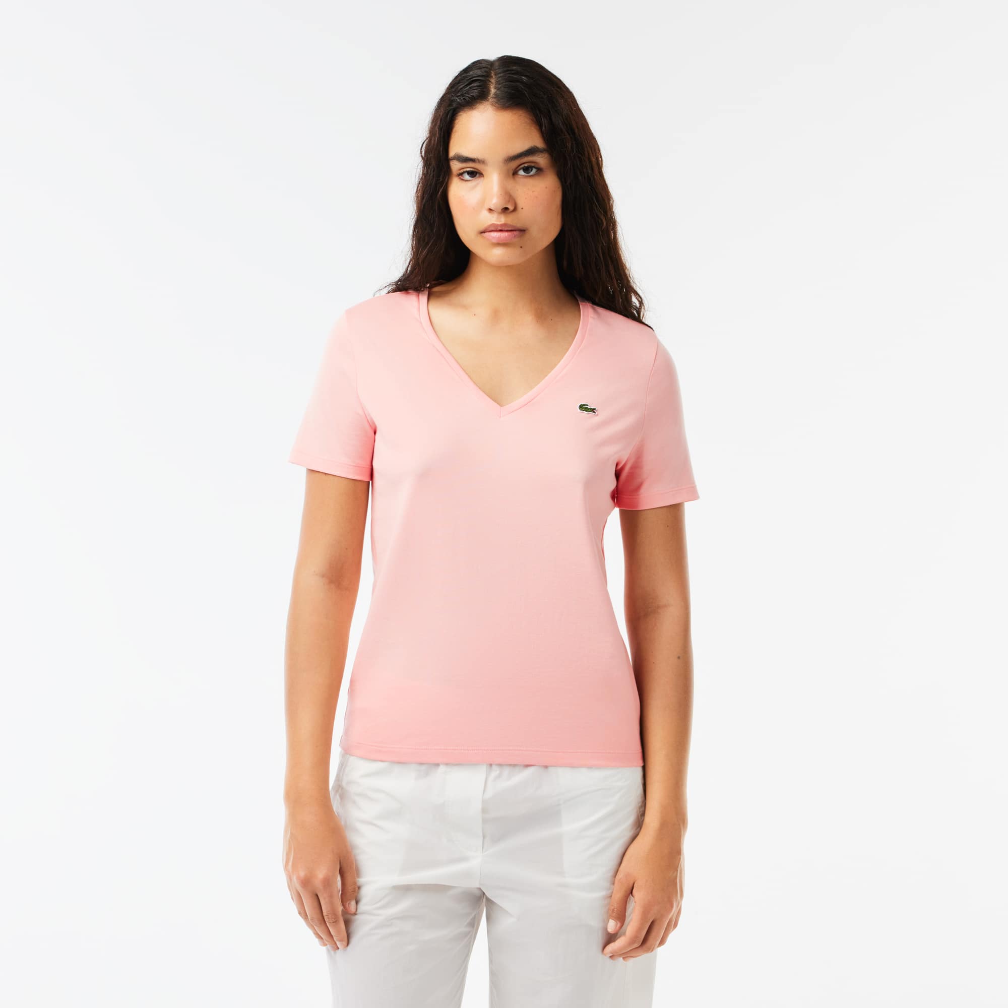 T-shirt à col V loose fit en coton uni T-Shirts - Rose - Lacoste - Femme