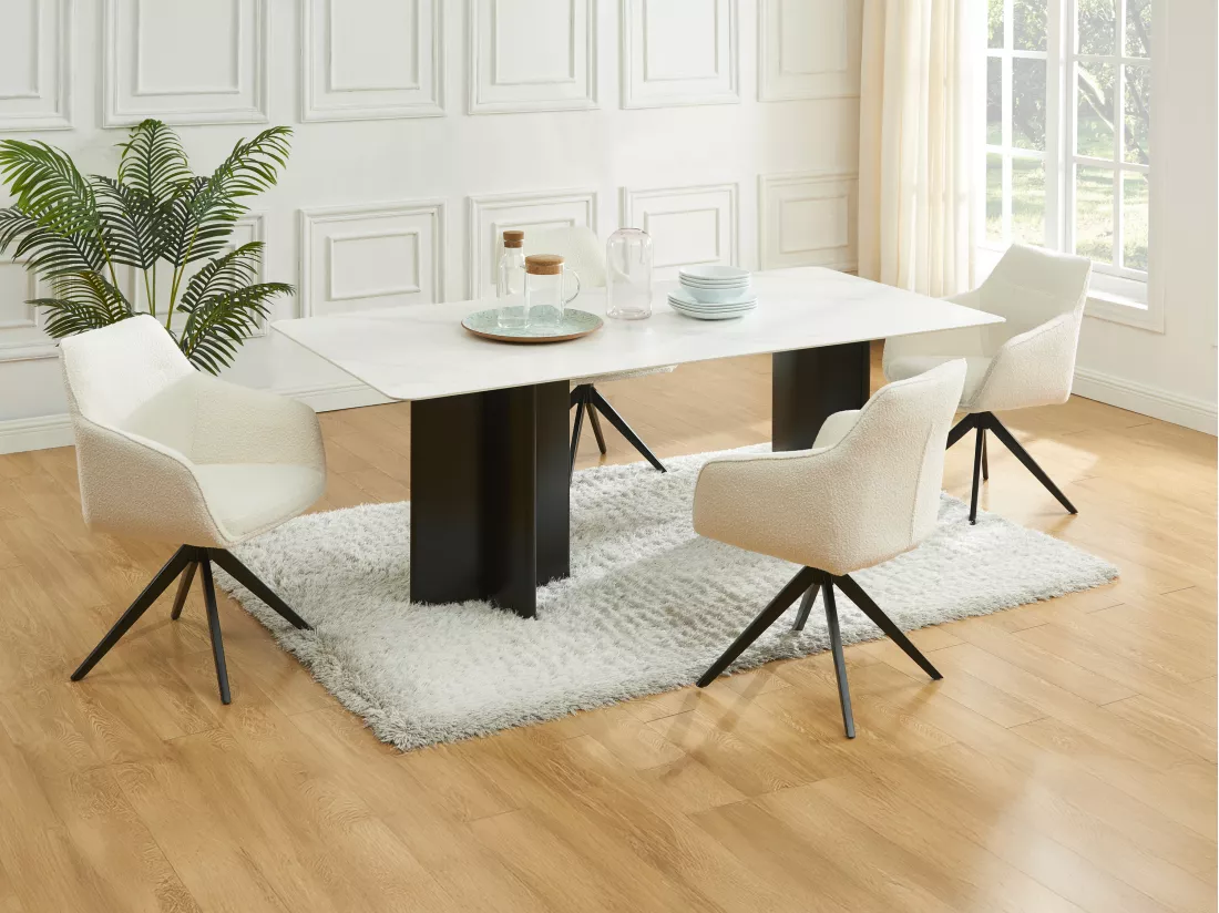 Lot de 2 chaises pivotantes avec accoudoirs - Tissu bouclette et métal noir - Blanc - MUSE de Maison Céphy